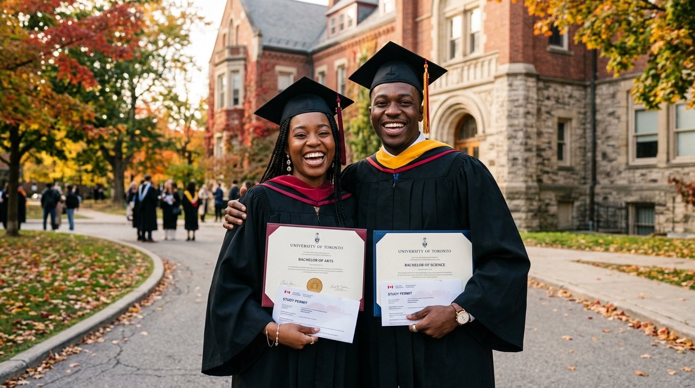 Étudiants noirs diplômés avec toges célébrant leur réussite universitaire au Canada