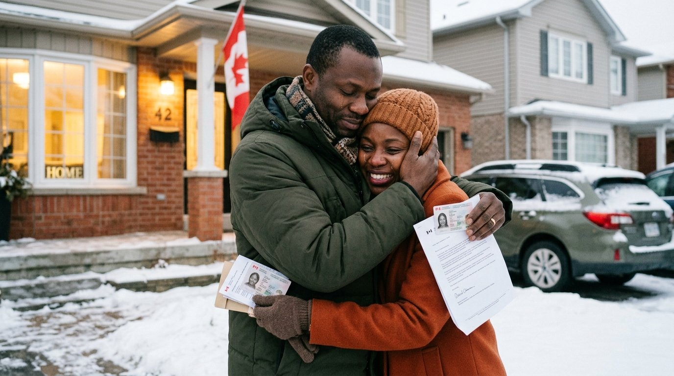 Couple noir réuni avec émotion et tendresse au Canada pour leur parrainage familial