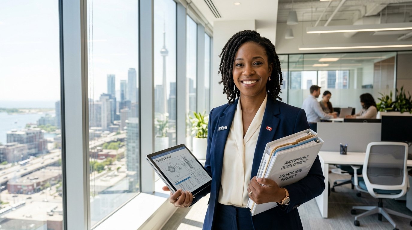 Professionnel noir qualifié souriant dans un bureau moderne au Canada